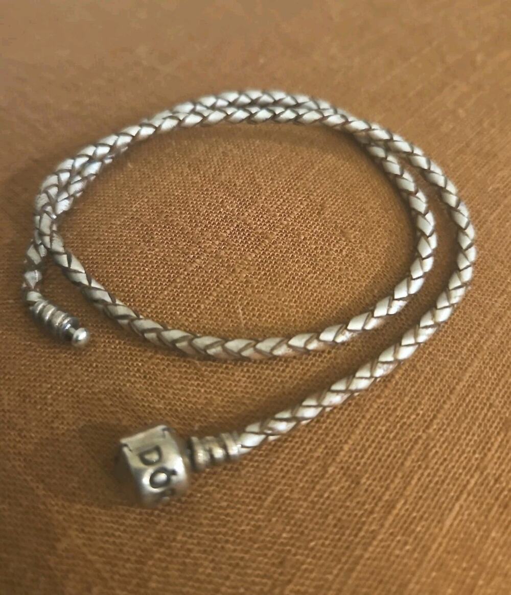 Pandora 925 Sterling Silver White Brown Braided Leather Wrap Charm 14” Bracelet